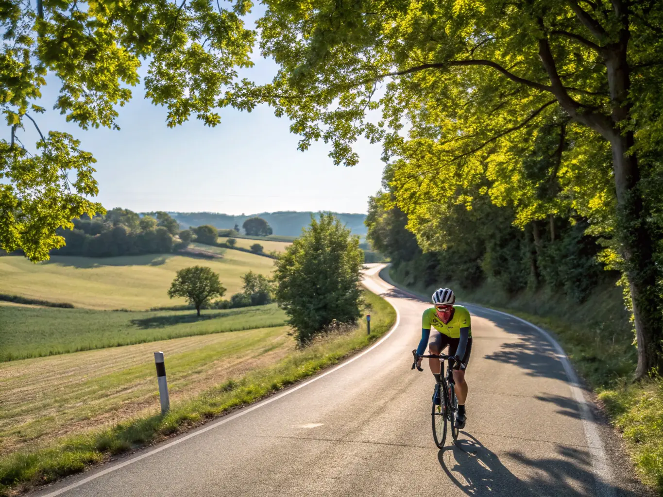 A cyclist riding along a winding mountain road, showcasing the endurance and scenic beauty of mountain cycling.