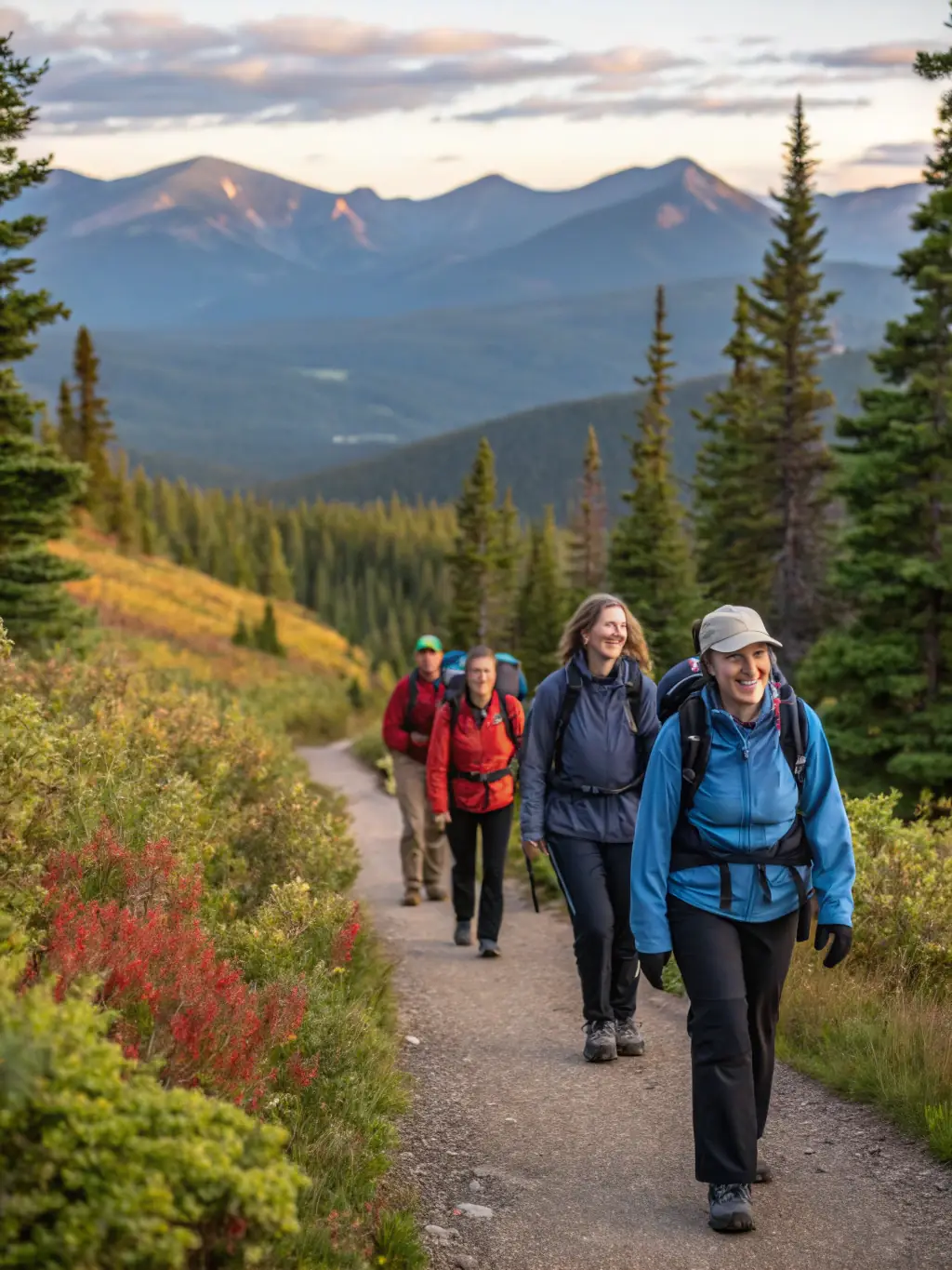A group of hikers traversing a scenic mountain trail, emphasizing the beauty and challenge of hiking with TEAM HAUTES ALPES.