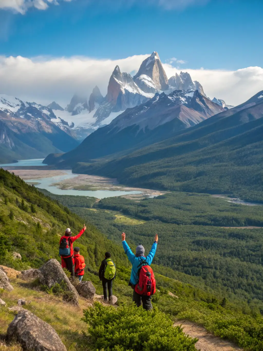 A group of hikers celebrating their summit achievement during the 2022 Summer Hiking Expedition in the Ecrins National Park, with panoramic mountain views in the background.