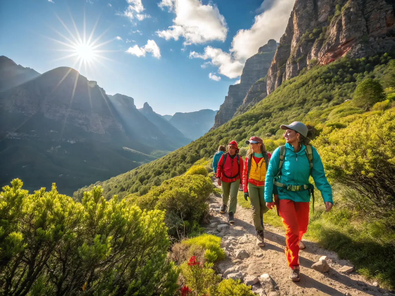 A group of hikers traversing a scenic mountain trail, surrounded by lush greenery and breathtaking views.