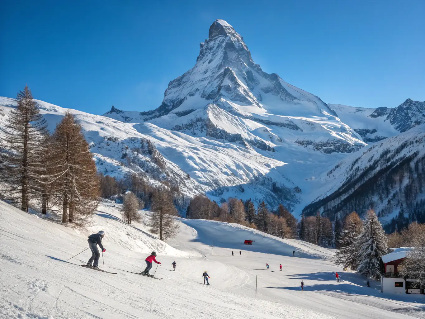 A skier gracefully carving through fresh powder on a sunny mountain slope, showcasing the thrill and skill of alpine skiing.