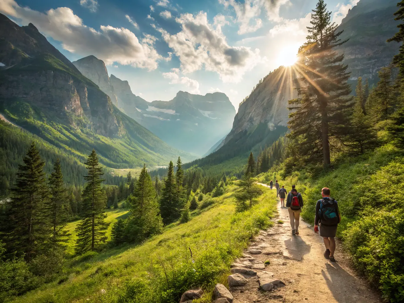 A dynamic image of a group of hikers traversing a challenging mountain trail during a TEAM HAUTES ALPES hiking event. The image should emphasize teamwork, adventure, and the beauty of the natural environment.