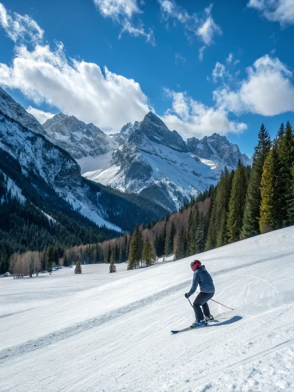 A skier carving down a snowy mountain slope, showcasing the thrill and skill of alpine skiing with TEAM HAUTES ALPES.