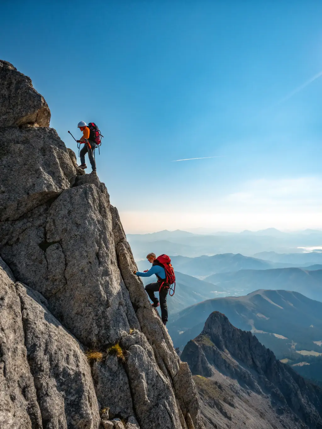 A photograph capturing the excitement of the 2024 Ski Mountaineering Race in the Hautes Alpes, showcasing athletes ascending a snow-covered peak under a clear blue sky.